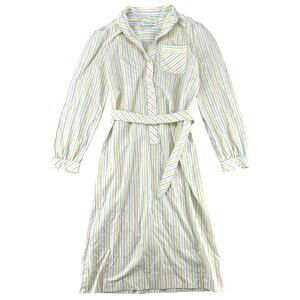 Vintage Schrader Sport Pastel Striped Midi Dress Belted 80s Cotton Button Down M
